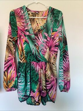 Tropical Print Long Sleeve Romper - Green, Pink & Gold